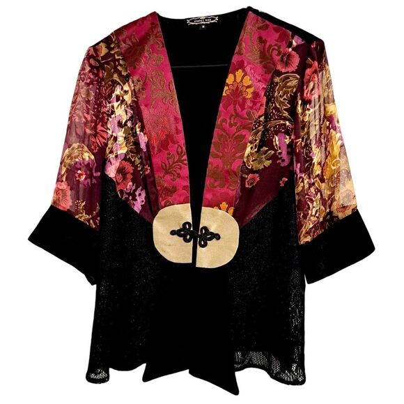 Violet Kay Other - Vtg Violet Kay Ivory Gold Floral Lace Mixed Media Kimono Jacket Sz S Fairy‎ Boho